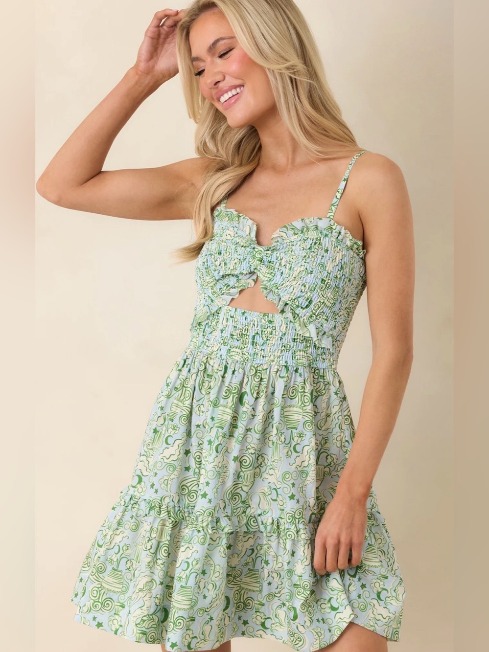 Prosperina paradisa Green Sea Printed Smocked Mini Dress with Cutout Detail nwt
